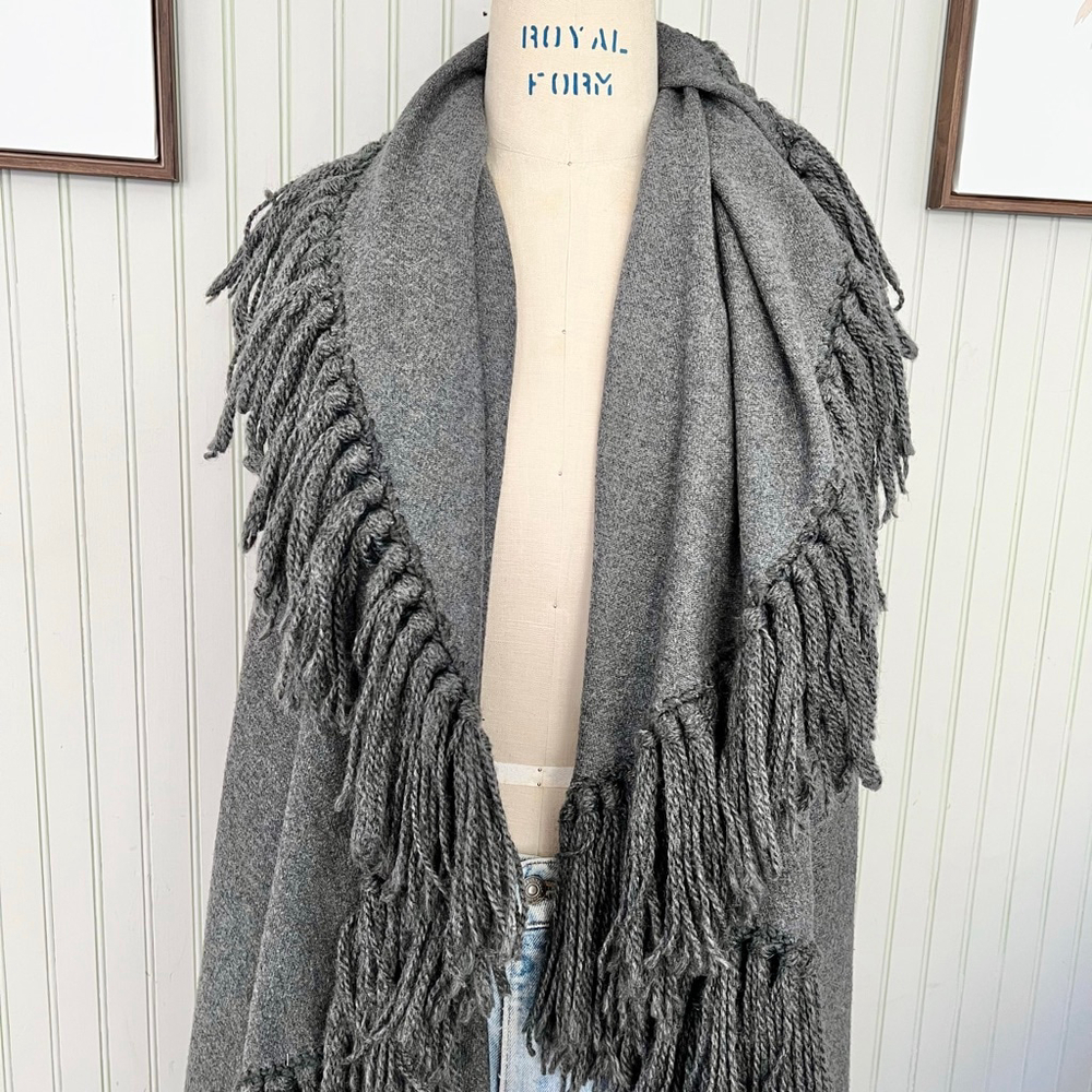 Fringed Cape Double Layered Grey Cardigan Vest Cape Long Length View 2